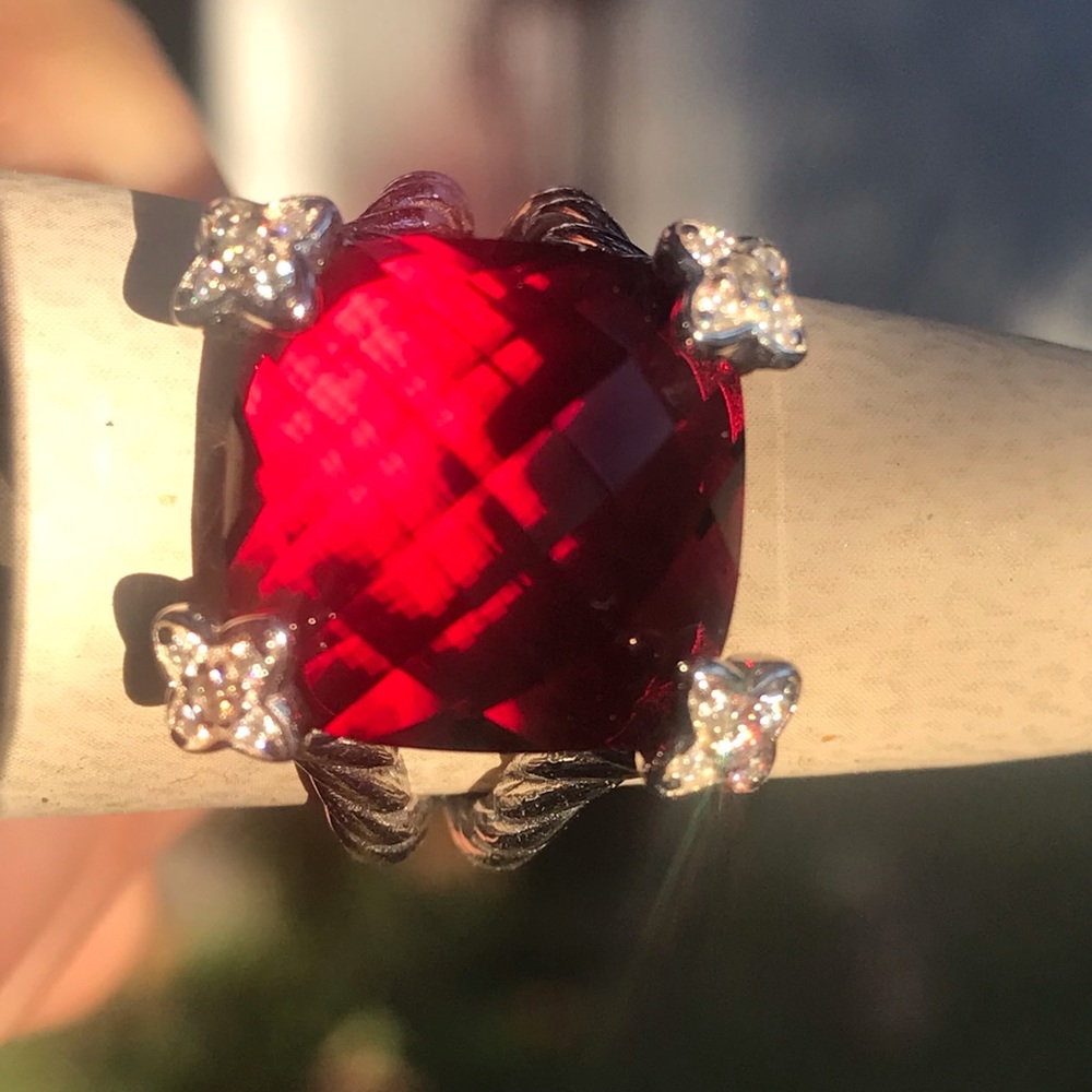 David Yurman S Silver Cushion On Point 14mm Garnet Red & Diamond Ring Sz 6.75